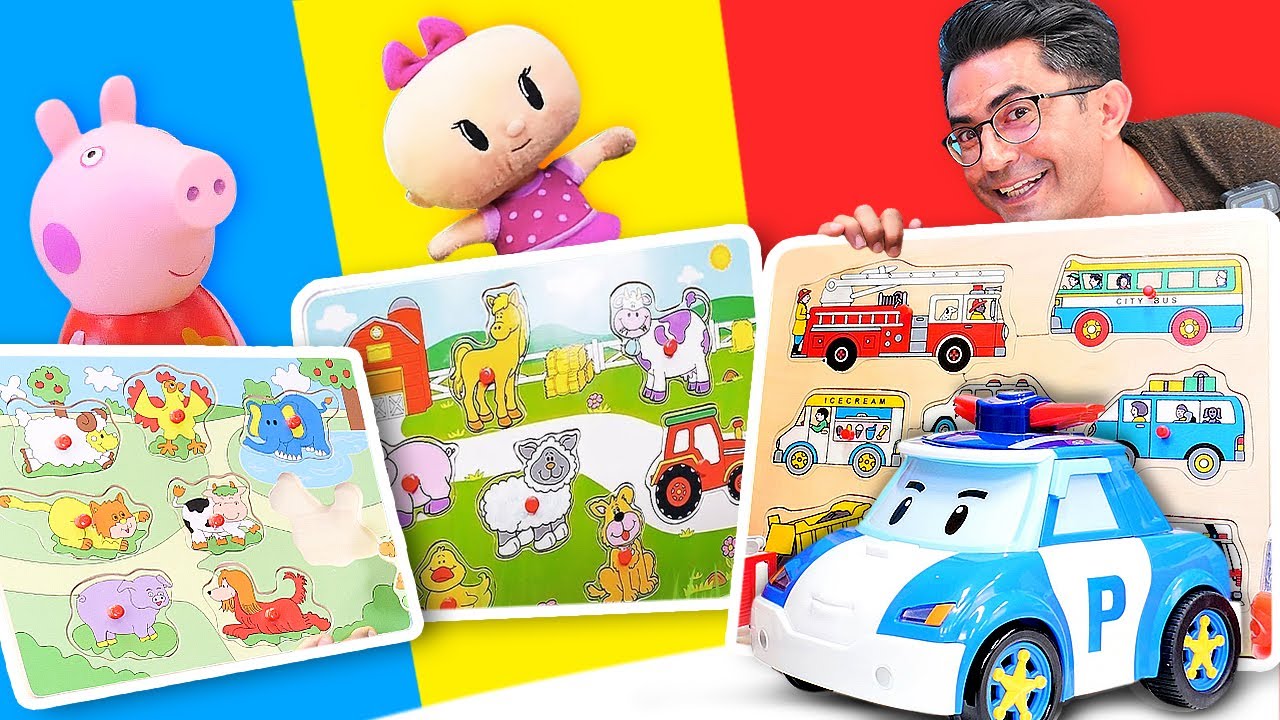 Robocar Poli Peppa Pig ve Bebe çeşitli puzzle ve yapboz yapıyorlar! Çocuklar için eğitici video