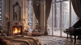 Relaxing Piano and Crackling Fire for Royal Bedroom Ambiance | Tranquil Sleep | Snowfall Ambiance