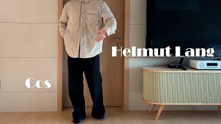 헬무트 랭 패디드 셔츠 (helmut lang 패디드 셔츠, cos 와이드 레그 플리티드 유틸리티 트라우저,cos 보일드 울 크루넥 스웨터, cos 투톤 데님 자켓)