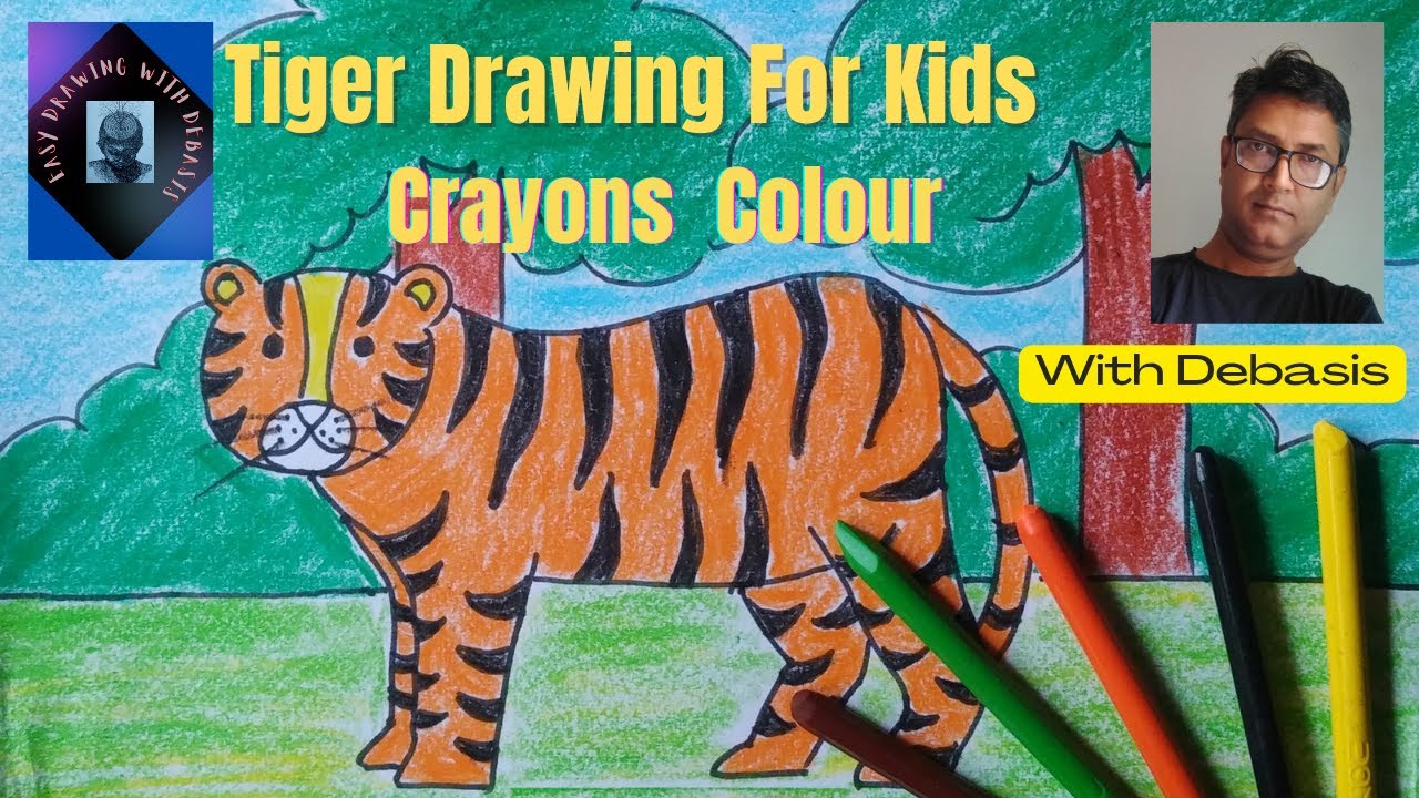 Easy Kids Tiger Drawing|Easy Crayons Colour Tiger Drawing|How To Draw Tiger In Forest For Kids ...