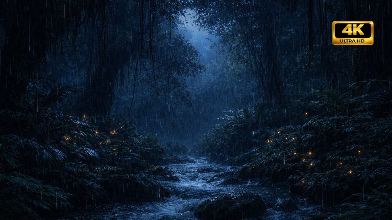 MOONLIT JUNGLE STORM | Rainforest River Night | Rain + Thunder + Stream + Jungle Birds | 6 Hours
