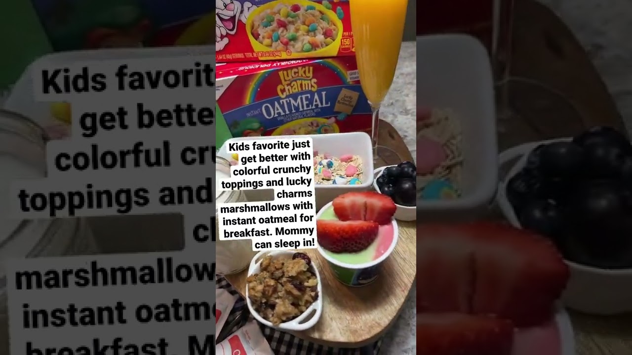 Breakfast for kids wit lucky charms marshmallows as a toppings and colorful crunchy stuff is a win