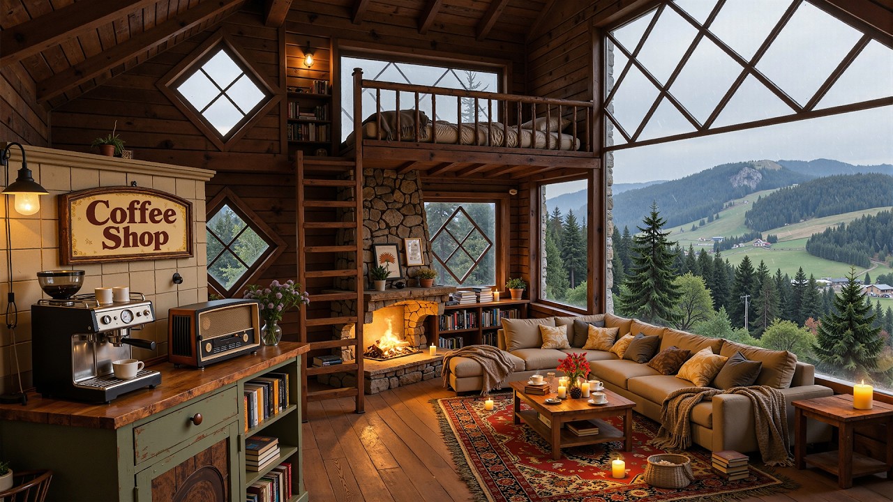 Peaceful Cozy Cabin Vibes ☔ Soft Jazz, Warm Fireplace & Rainy Sounds for Inner Peace