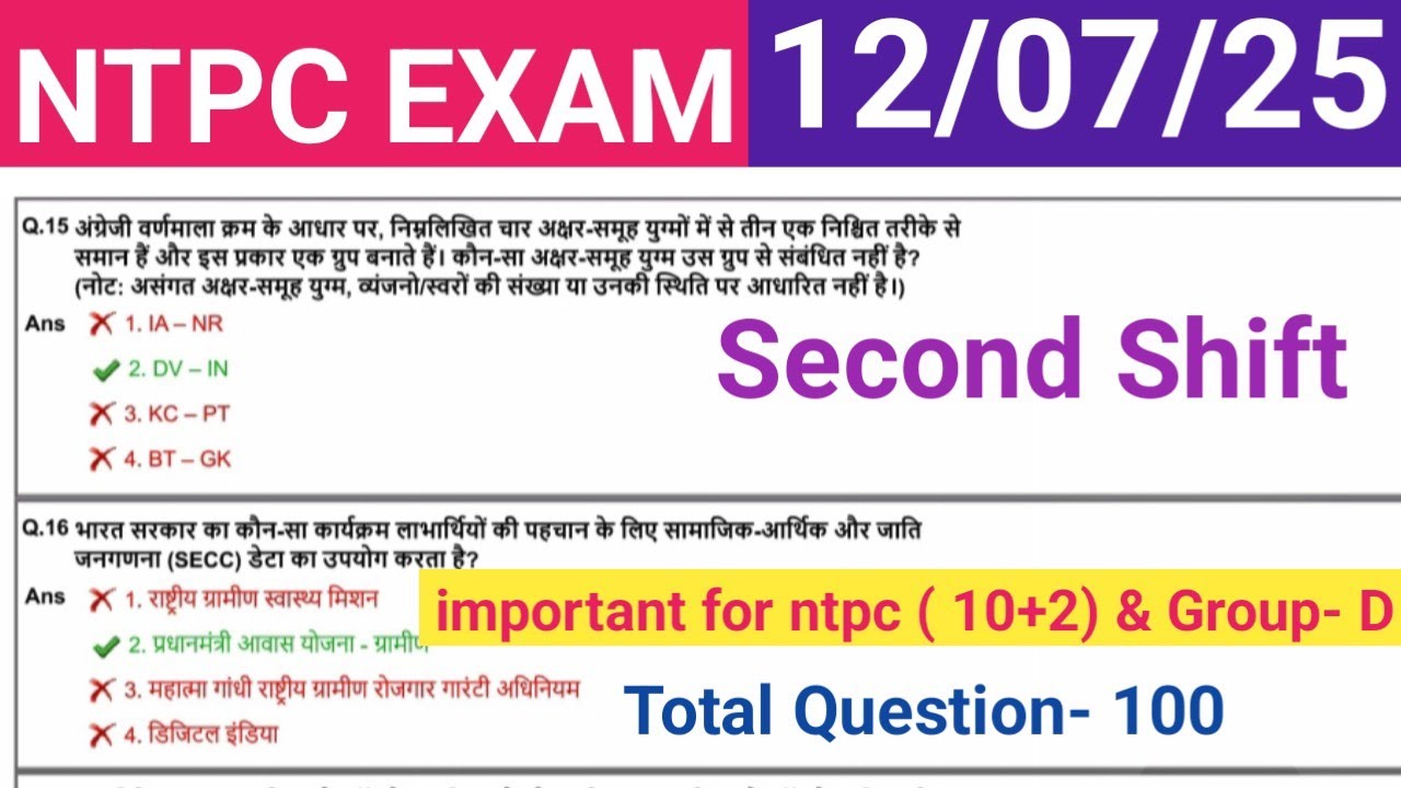 RRB NTPC 12 June 2025 Second Shift ll NTPC Exam ll important Question