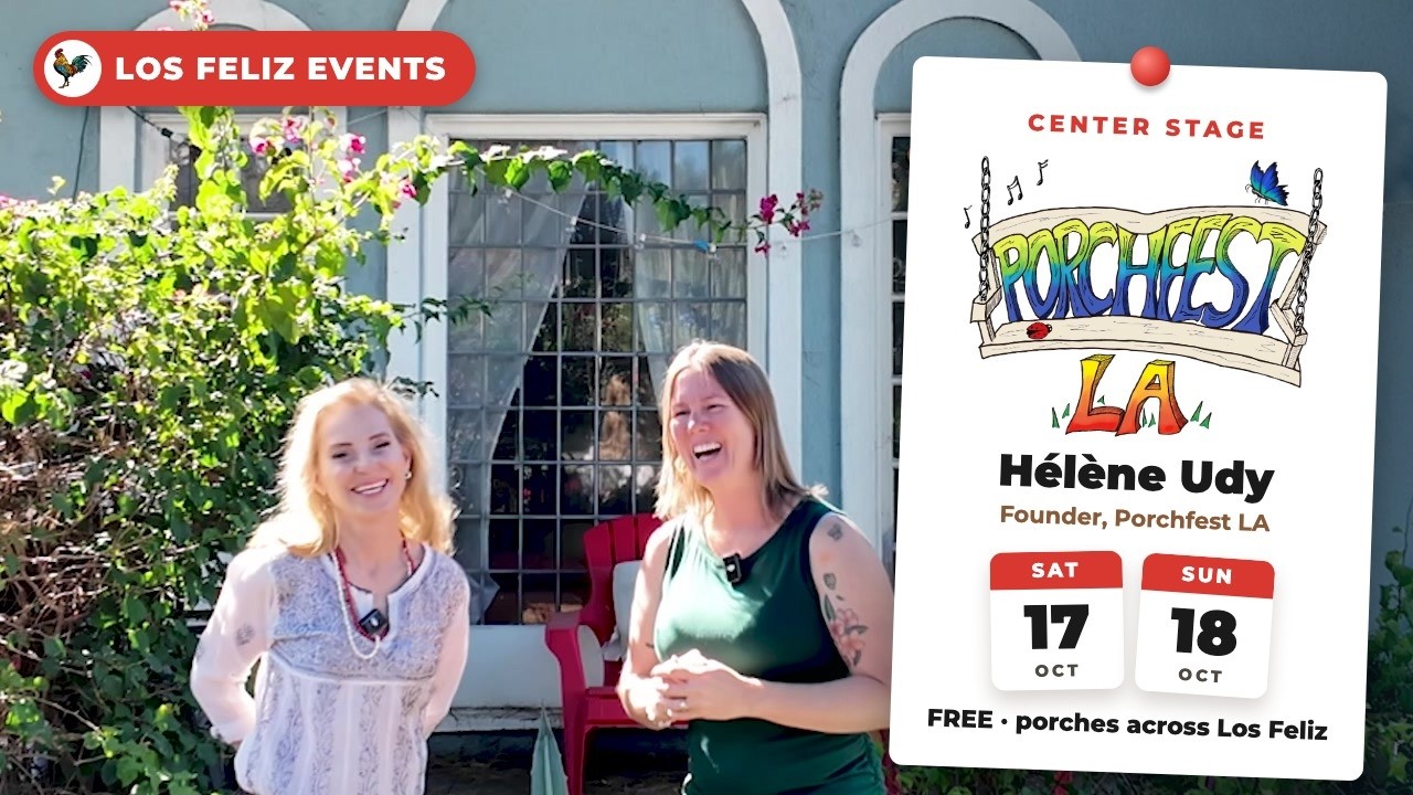 Hélène Udy and Sarah Arlington in Hélène's garden, with the Porchfest LA Center Stage card