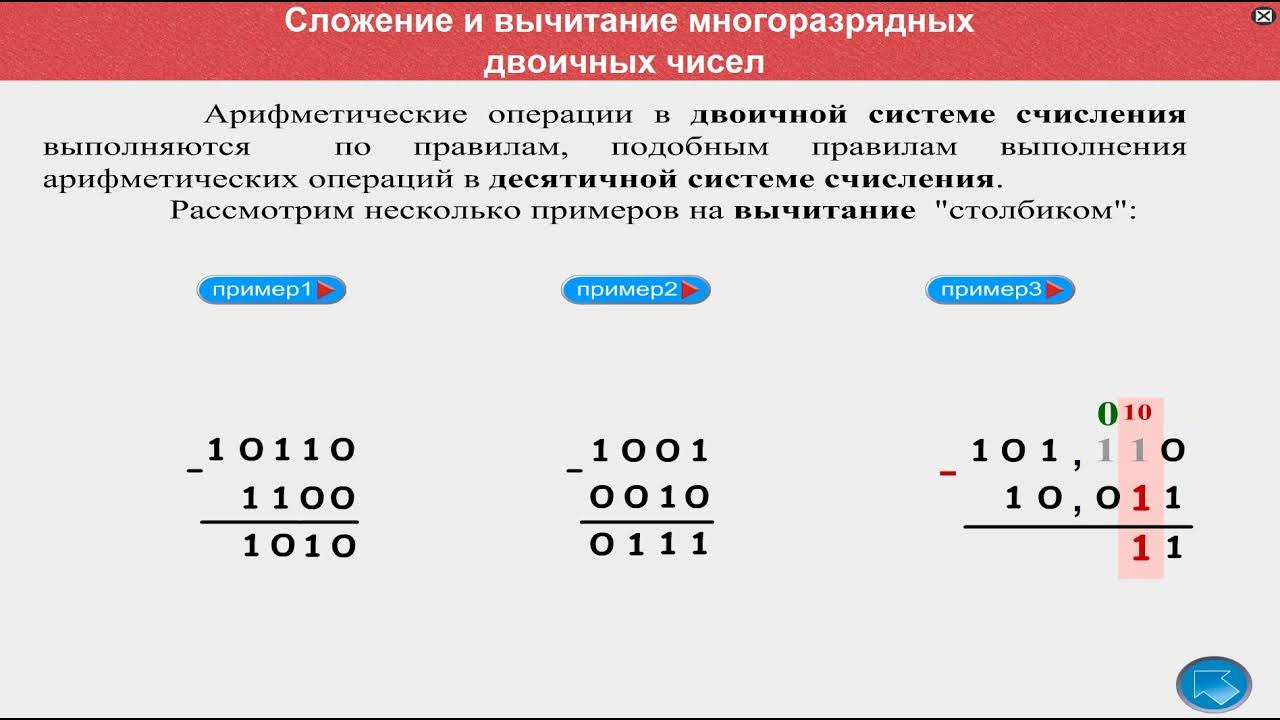 Вычитание двоичных чисел примеры
