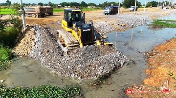 Wow! Flooded Land Deleting, Nice Skill Operation, Shantui DH17c3 Dozer Pushing Stone And Dump Trucks