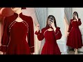 Korean girls style velvet long frockgown stylish neck design cutting  stitching puff sleevesnew