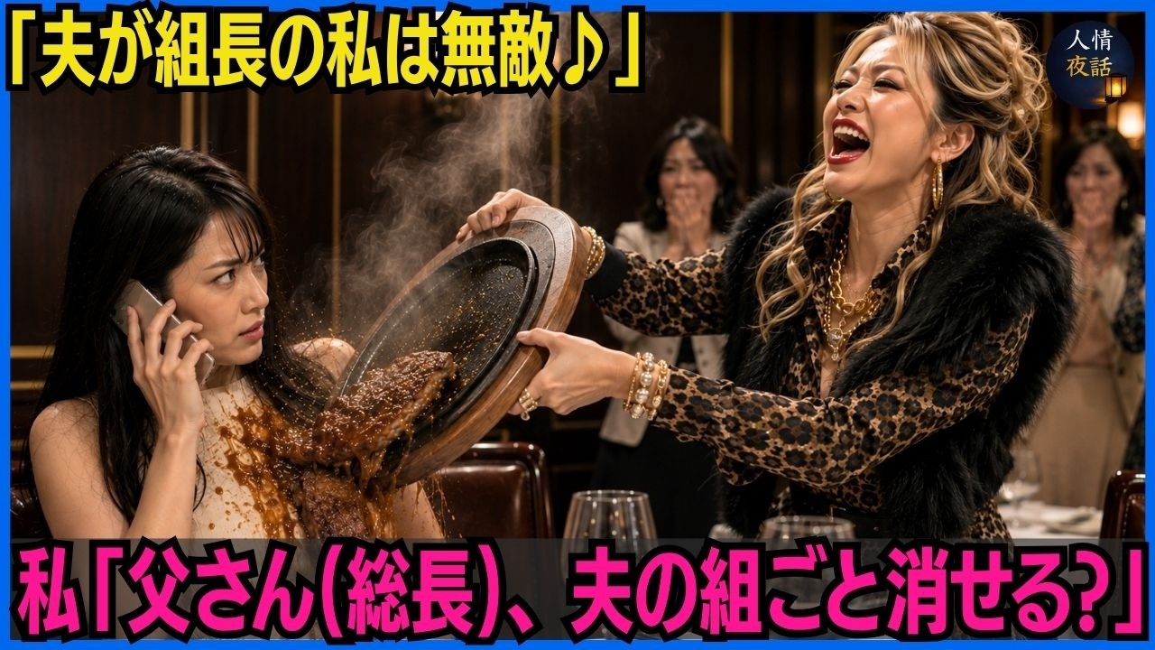 「夫が組長の私は無敵」——ママ友の前でそう高笑いしながら、熱々のステーキを私の胸元に投げつけた女がいた。白いブラウスにソースが染み広がり、じわりと熱が肌に伝わる。みんなの視線が凍りつく中、女は「文句あるならうちの人に言いなよ」と更に笑った。地味なパートの私が、ただ耐えるしかないと思っていたらしい。私はテーブルの下で、静かにスマホを取り出し、一つの番号を選んだ。父は電話に出て、一言だけ言った。...