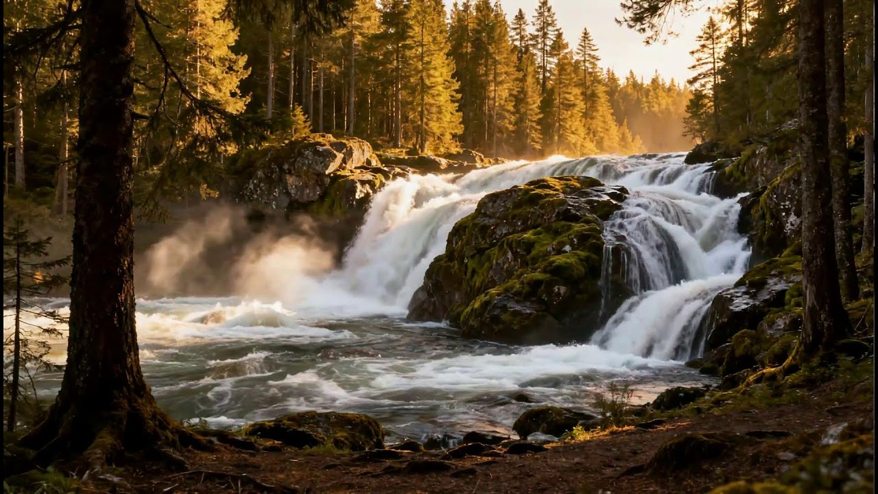 LIVE: Golden Hour Waterfall | Relax & Sleep | White Noise Room 4K