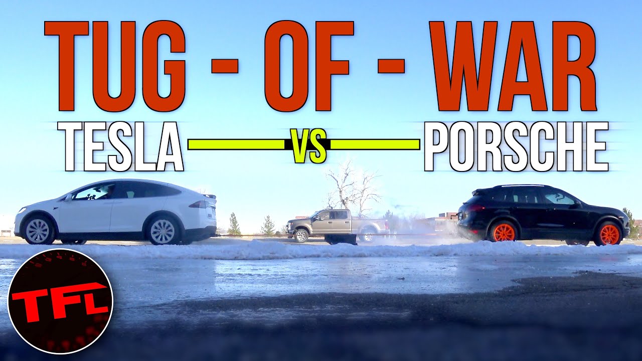 Its On Tesla Model X Vs Porsche Cayenne Turbo Vs Ford F 250 Tug Of War