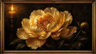 Golden Peony Glow 🌼 HD Screensaver | Candlelight TV Art No Sound (3 Hours)