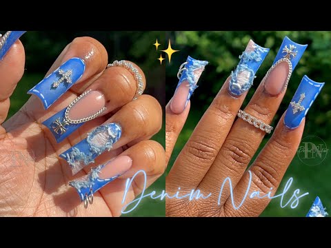 RIPPED DENIM NAILS 👖⛓️✨ | DUCK NAILS | FULL ACRYLIC NAIL TUTORIAL 💙