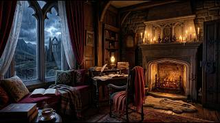 She Reads a Forbidden Book by Firelight 🌙🔥 | Rain & Thunder Ambience | Gothic Night Study Escape