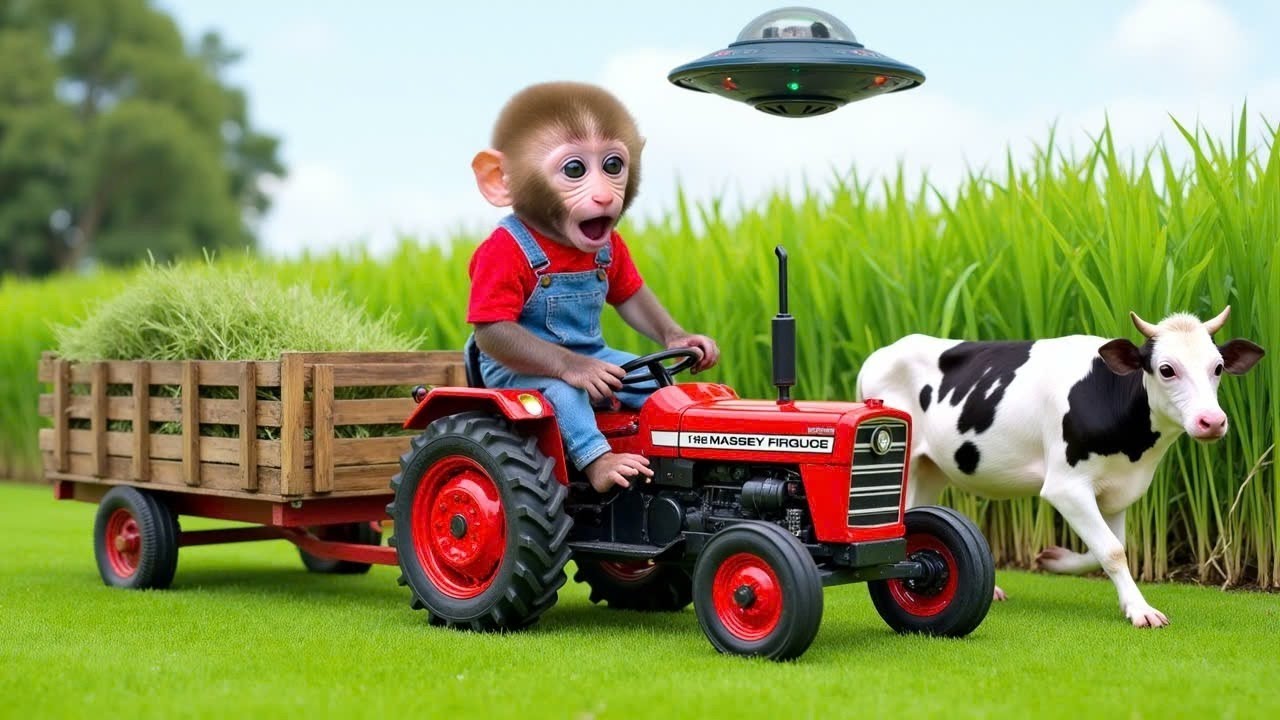 Bayi Monyet Nana Menarik Sapi Di Ladang Lumpur Bersama Teman Petani