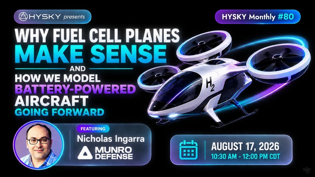 graphic for HYSKY Monthly #80 featuring Dr. Nicholas Ingarra. The webinar, “Why Fuel Cell Planes Make Sense and How We Model Battery-Powered Aircraft Going Forward,” was held August 17, 2026, from 10:30 AM to 12:00 PM CDT. The graphic shows a futuristic hydrogen-powered aircraft with H2 branding and a headshot of Dr. Ingarra.