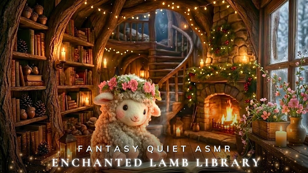 Enchanted Lamb Library 🐑 Soft Piano Music, Fireplace & Gentle Night Ambience for Focus