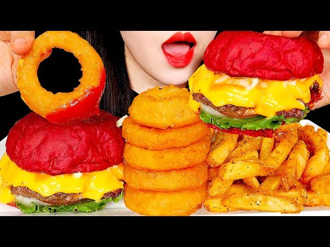 ASMR MUKBANG | RED CHEESE HAMBURGER🍔, ONION RINGS 치즈버거, 어니언링 먹방 咀嚼音 チーズハンバーガー EATING SOUNDS