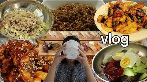 vlog 냉털도 외식도 놓치지 않을꼬에여🤓/닭강정,초밥,냉털비빔밥,해주냉면,양꼬치,육개장,냉털볶음밥,떡갈비버거