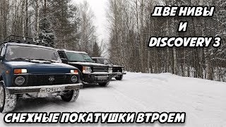 Нивы и Дискарь по снегу. Land Rover Discovery 3 и стоковые Нивы на МТ и на цепях #нива #бездорожье