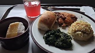 Brown rice, Spinach, Fried boneless chicken breast, Garlic bread roll with Lemon pie bar