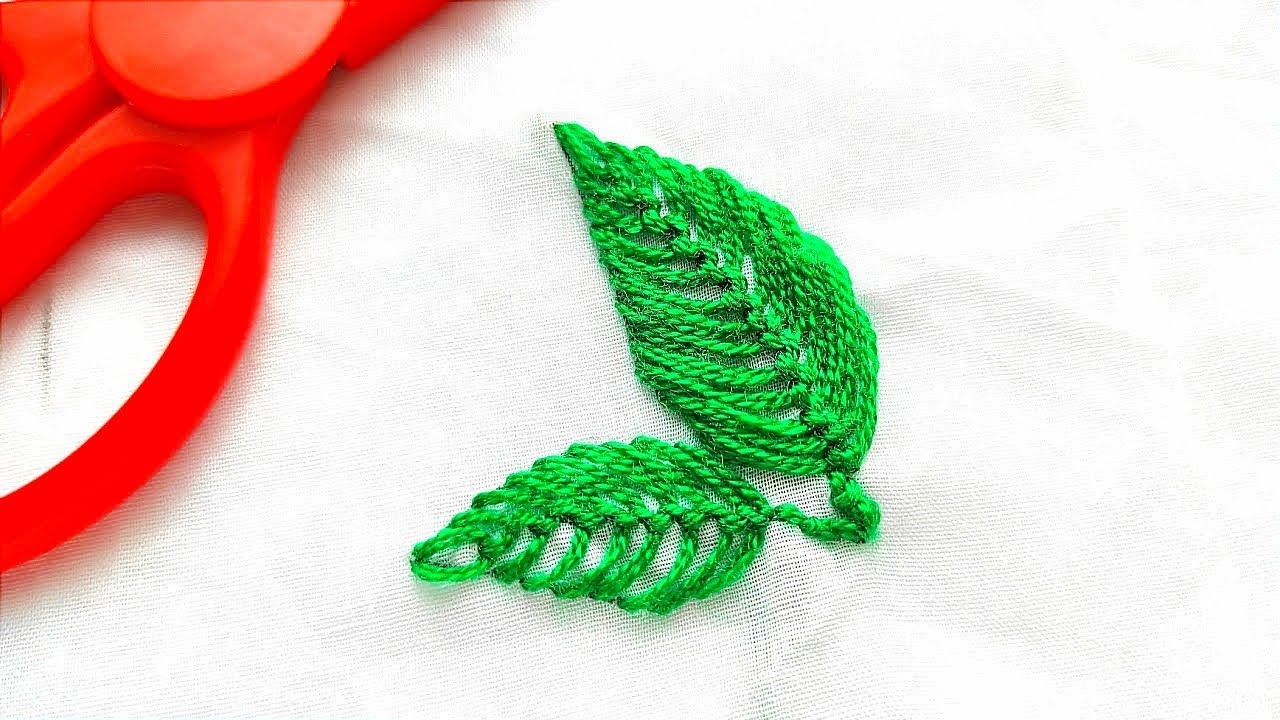 #11 Embroidery basic stitch tutorial l Fly stitch leaf design leaf ...