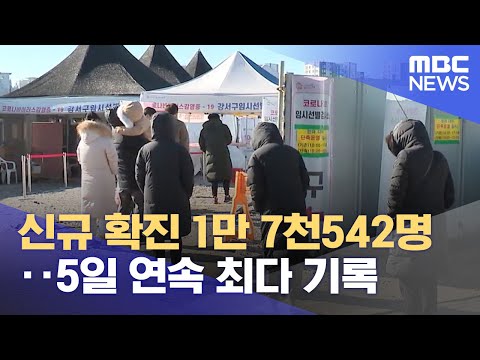 <strong>신규</strong> 확진 1만 7천542명‥5일 <strong>연속</strong> 최다 <strong>기록</strong> (2022.01.29/12MBC뉴스)