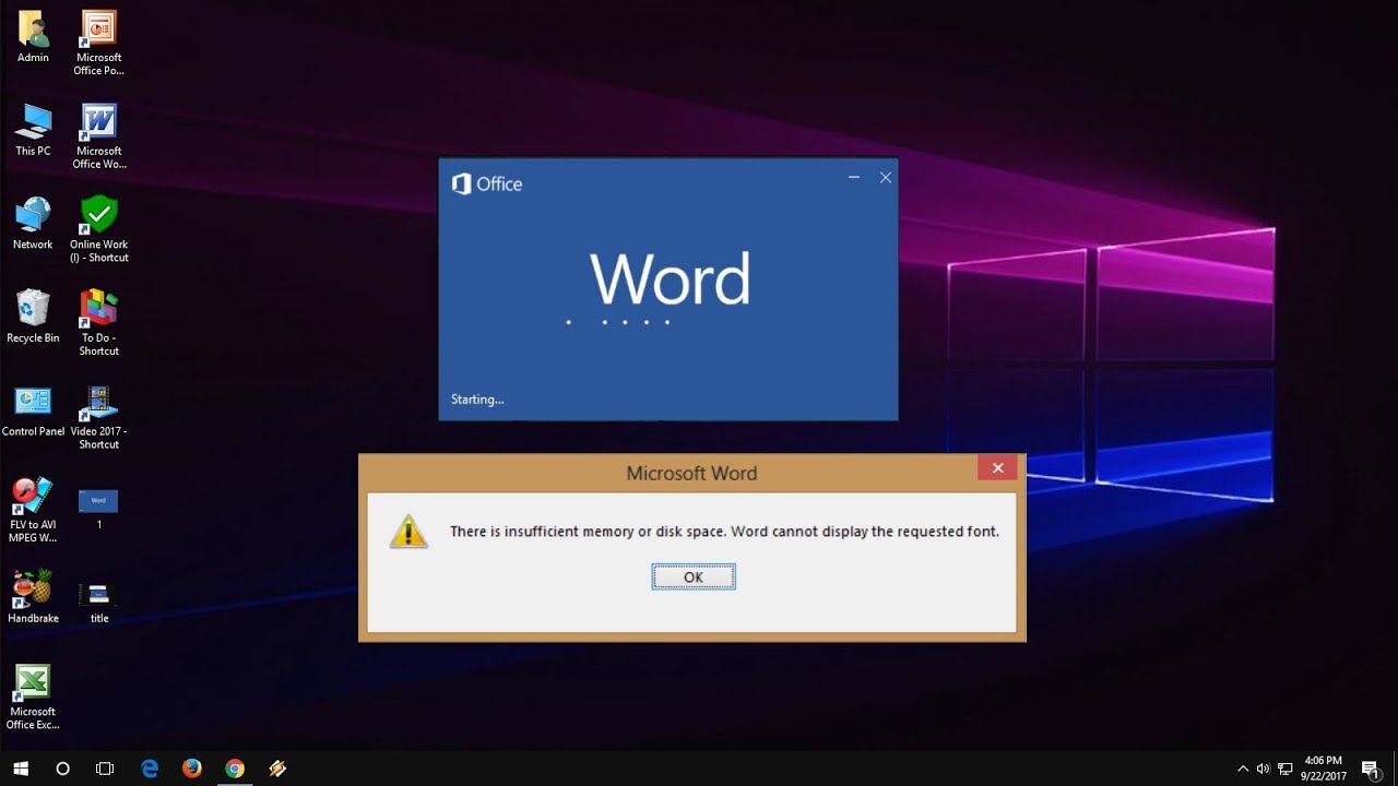 Ms Word How To Fix There Is Insufficient Memory Or Disk Space Error Word 2003 2016 Youtube