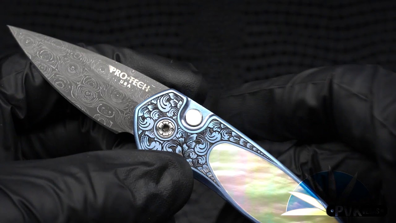 Protech Sprint Ultimate Custom Engraved Titanium Gold Lip Inlay Damascus Blade