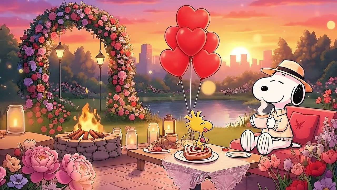 Snoopy's Valentine Sunset Evening 🌅Lofi Beats with Crackling Fireplace for Study, Focus & Relaxation