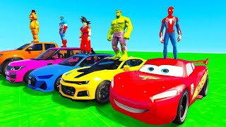 SPIDERMAN McQueen Ramp Challenge JUMP ! SUPERHERO HULK IronMan Goku Mack Truck Disney Cars 3 - GTA V