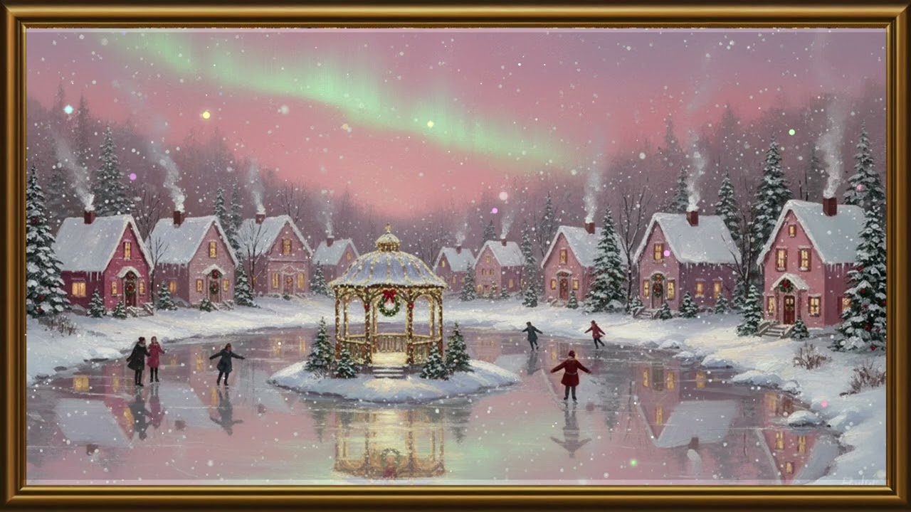 Pink Winter Village on Ice | Vintage Skating Gazebo Art Screensaver 4K | Cozy Frame TV Ambienc