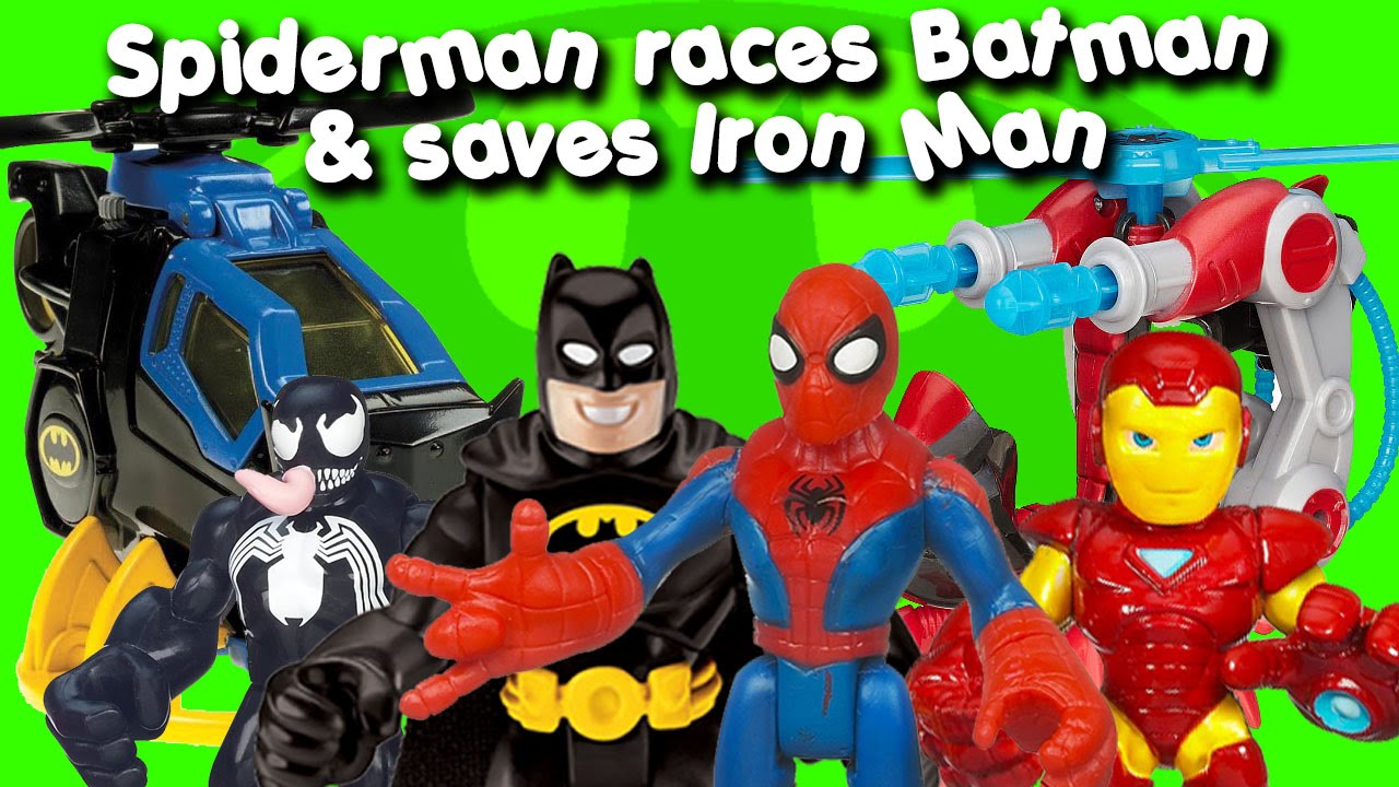 Batman & Spiderman spider man have a chopper race with venom & iron man batcopter new imaginext toys