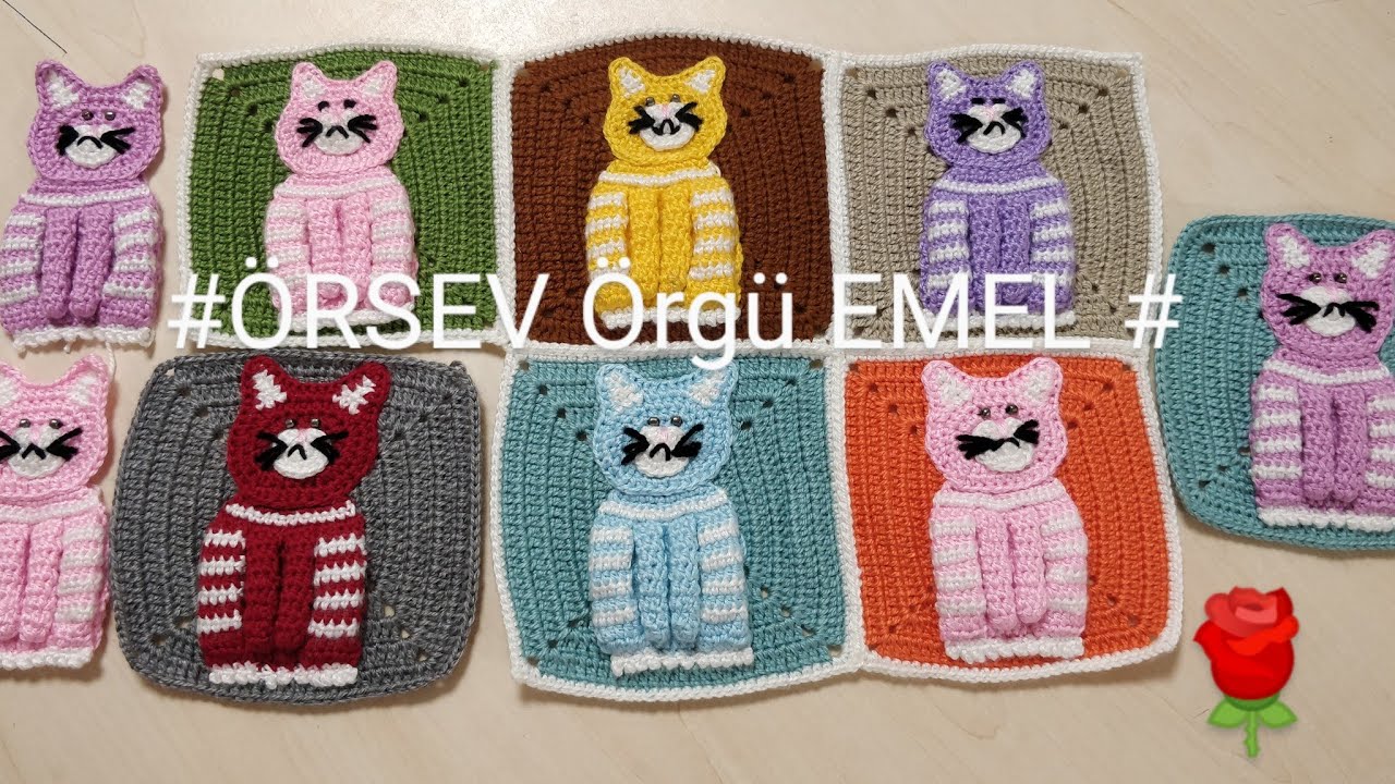 Trend örgü Tığ işi Kedi figürlü Büyük Kare Motif Battaniye Çanta Hırka Ceket  Aplike Yama, Cats 