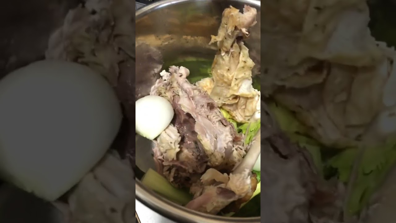 Turkey noodle soup with the carcass, leftover Turkey, egg noodles and