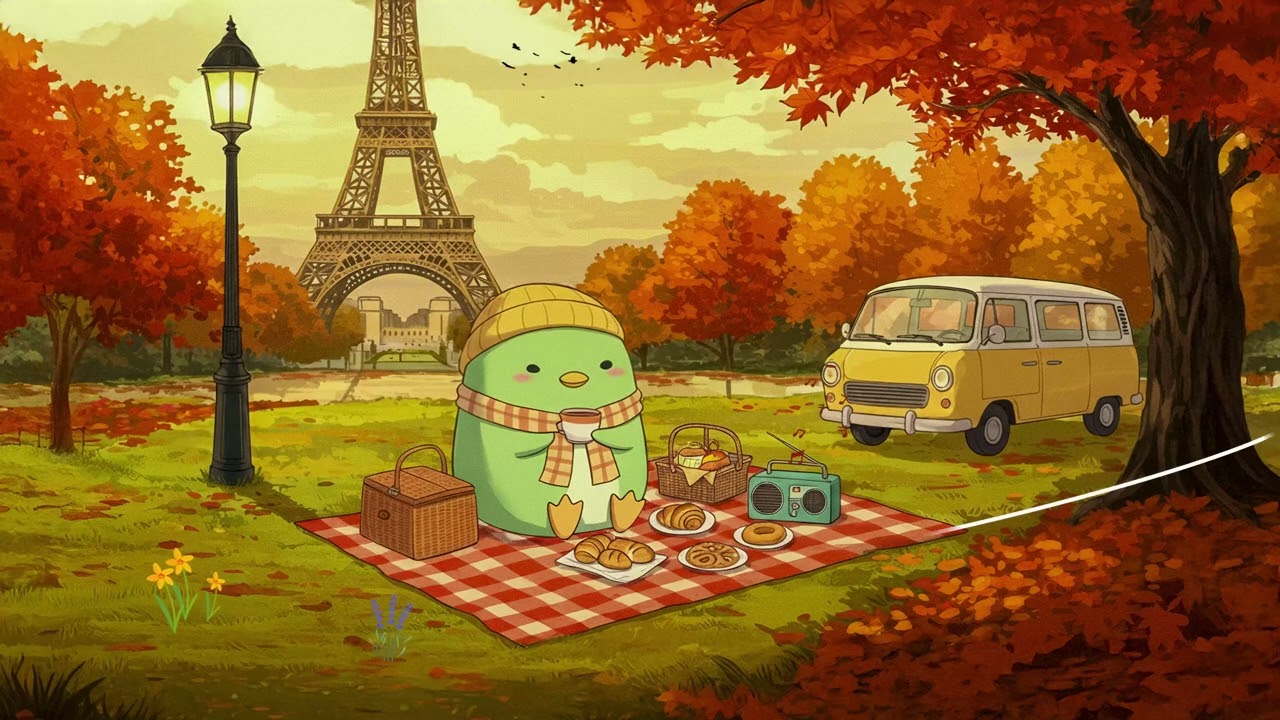 Autumn Picnic in Paris with Green Penguin 🥐🍁 Cozy Lofi Beats for Study, Relax & Coffee Time