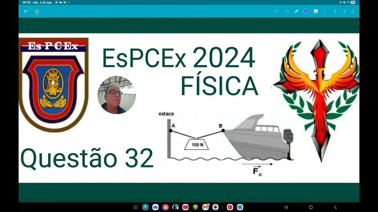 EsPCEx 2024 questão 32,Em um Rio um barco está amarrado a uma estaca através de uma corda ideal com