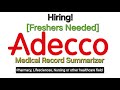 Freshers Needed || Medical Record Summarizer || Adecco Hiring Freshers MRS || Multiple Location ||