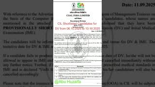 CIL List of Shortlisted Candidates ! CIL Result 2025 ! CIL DVscheduled from 06.10.2025 to 10.10.2025
