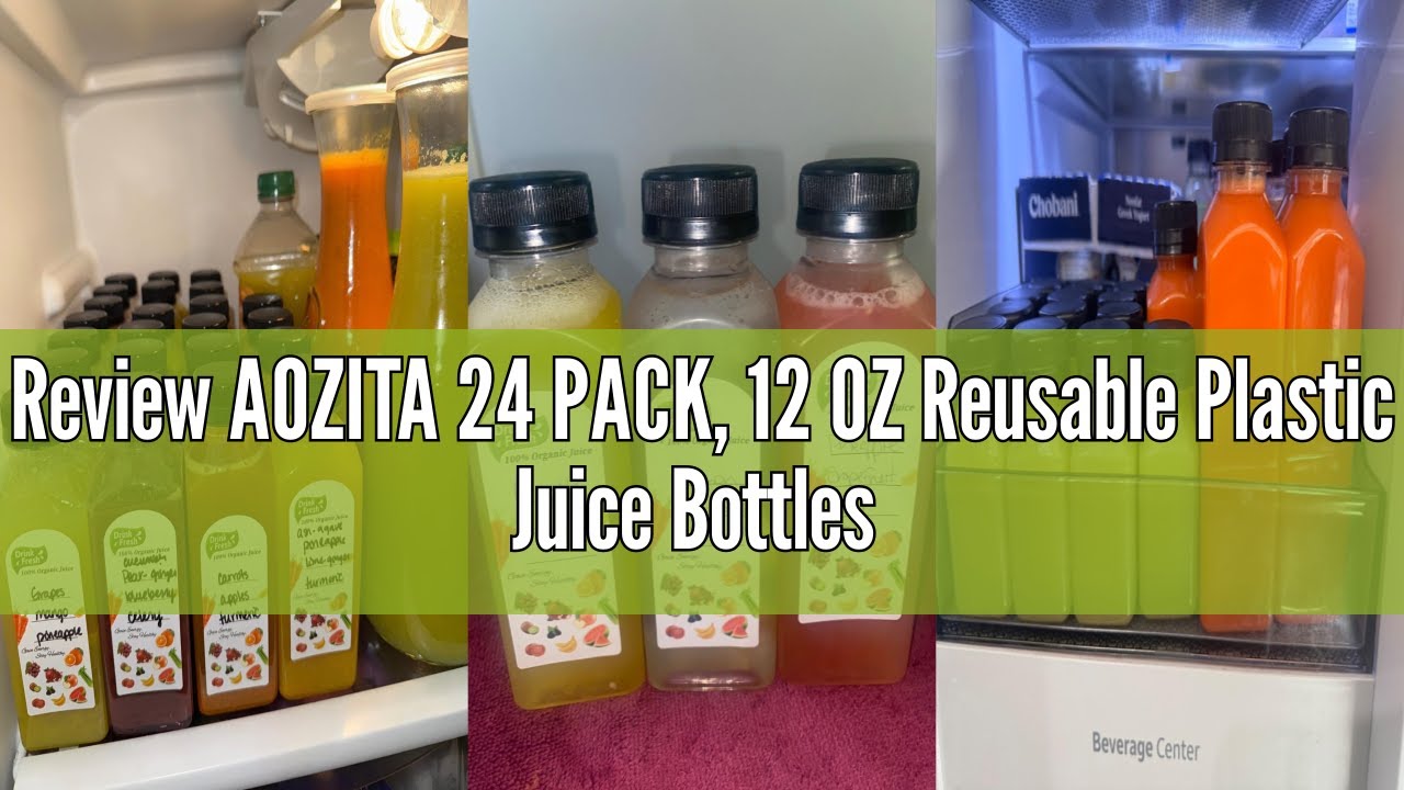 Review AOZITA 24 PACK, 12 OZ Reusable Plastic Juice Bottles with Caps, Plus 24 Labels & 2 Silicone F