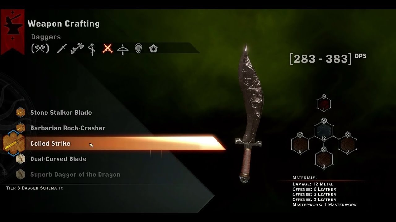 My favorite weapon schematics in the game for each class: Dragon Age