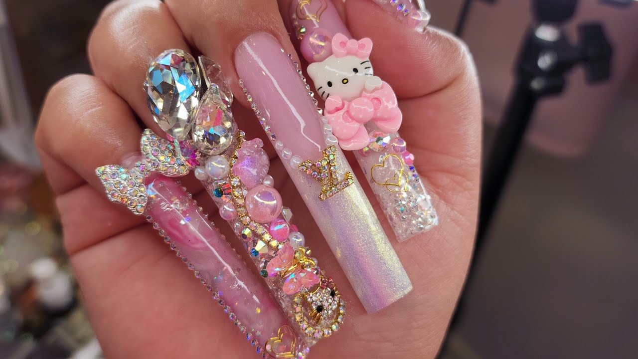 PINK LV DESIGNER HELLO KITTY KAWAII NAILS I ACRYLIC NAILS TUTORIAL 