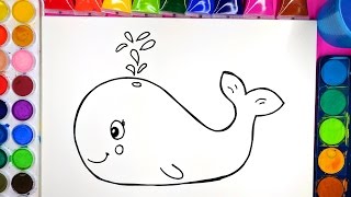 Draw Color Paint Smiling Whale Coloring Page for Kids to Learn Painting 染色