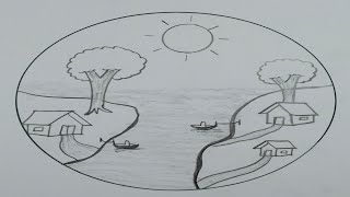 Beautiful village scenery with pencil drawing 