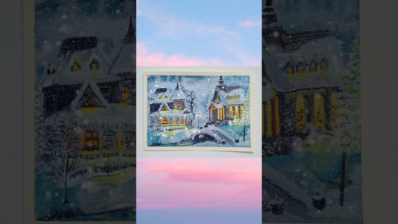 Easy House in snow drawing | winter acrylic painting 