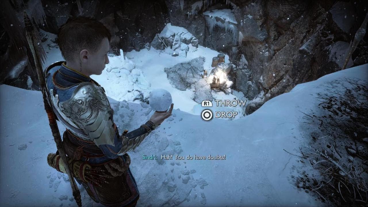 Atreus throws snowball at Sindri God of War Ragnarök YouTube