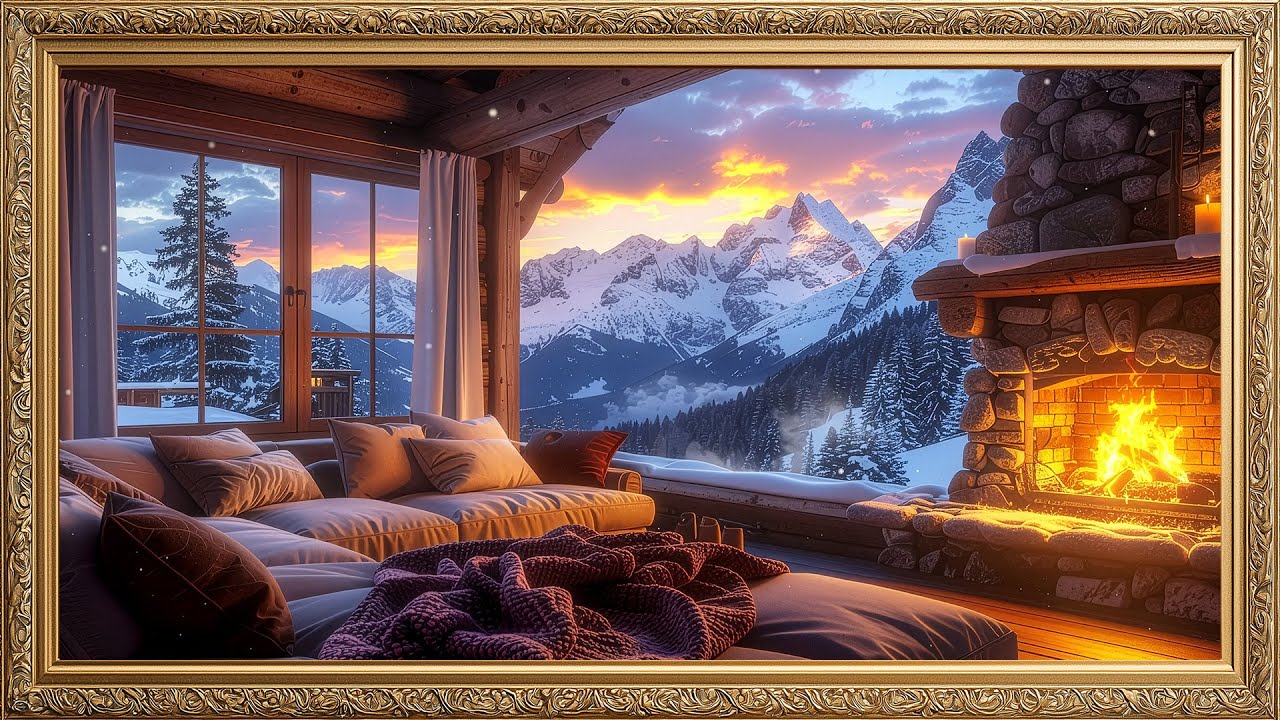 4K Framed TV Art: Cozy Winter Mountain Cabin Fireplace | Luxury Snowy Sunset Ambience