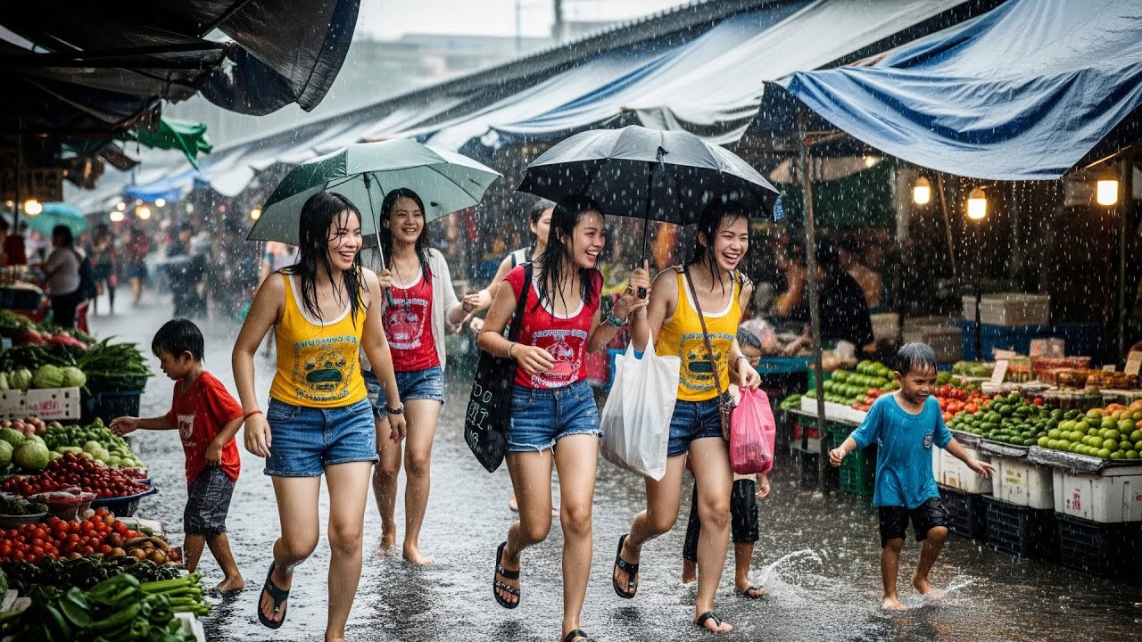 🌧️ SHOCKING Rain Footage 🌈 Colorful Tank Top Girls + Grandpa Running in Storm 👴💃