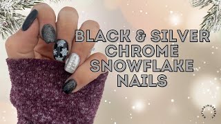 Black Snowflake Nails with Silver Chrome | Christmas Nail Ideas