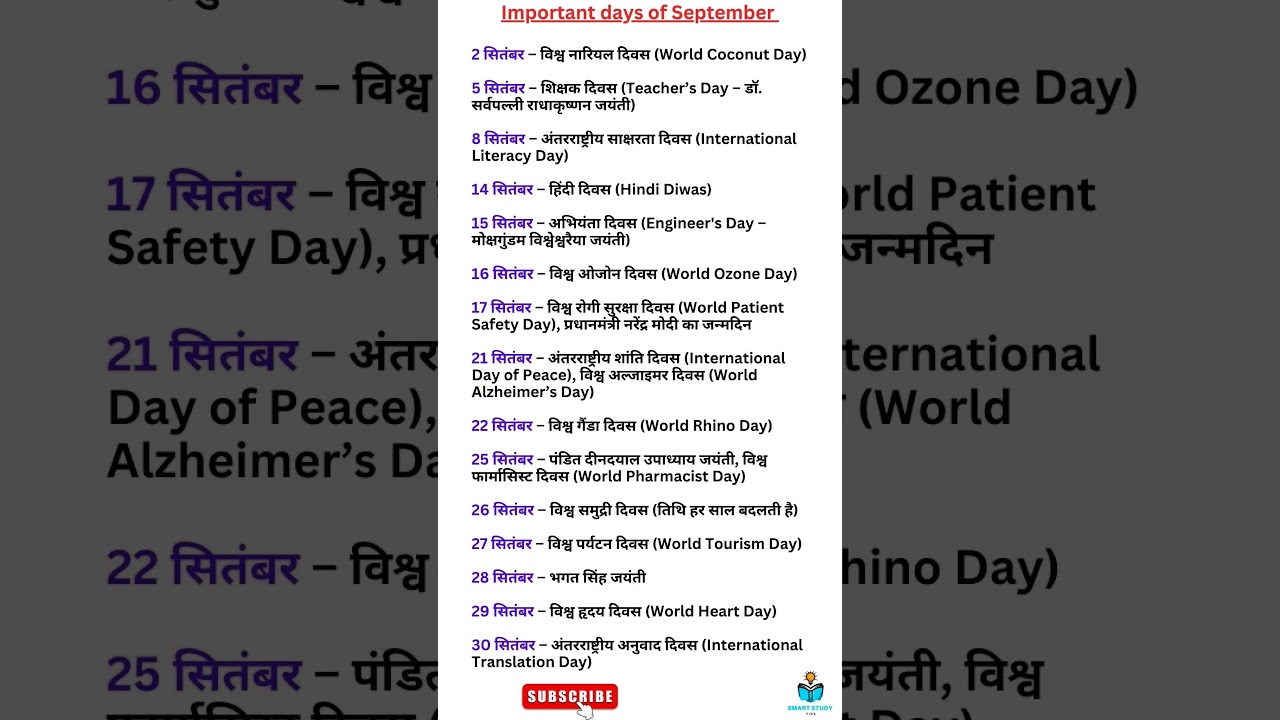 September Important days (महत्वपूर्ण दिवस) 